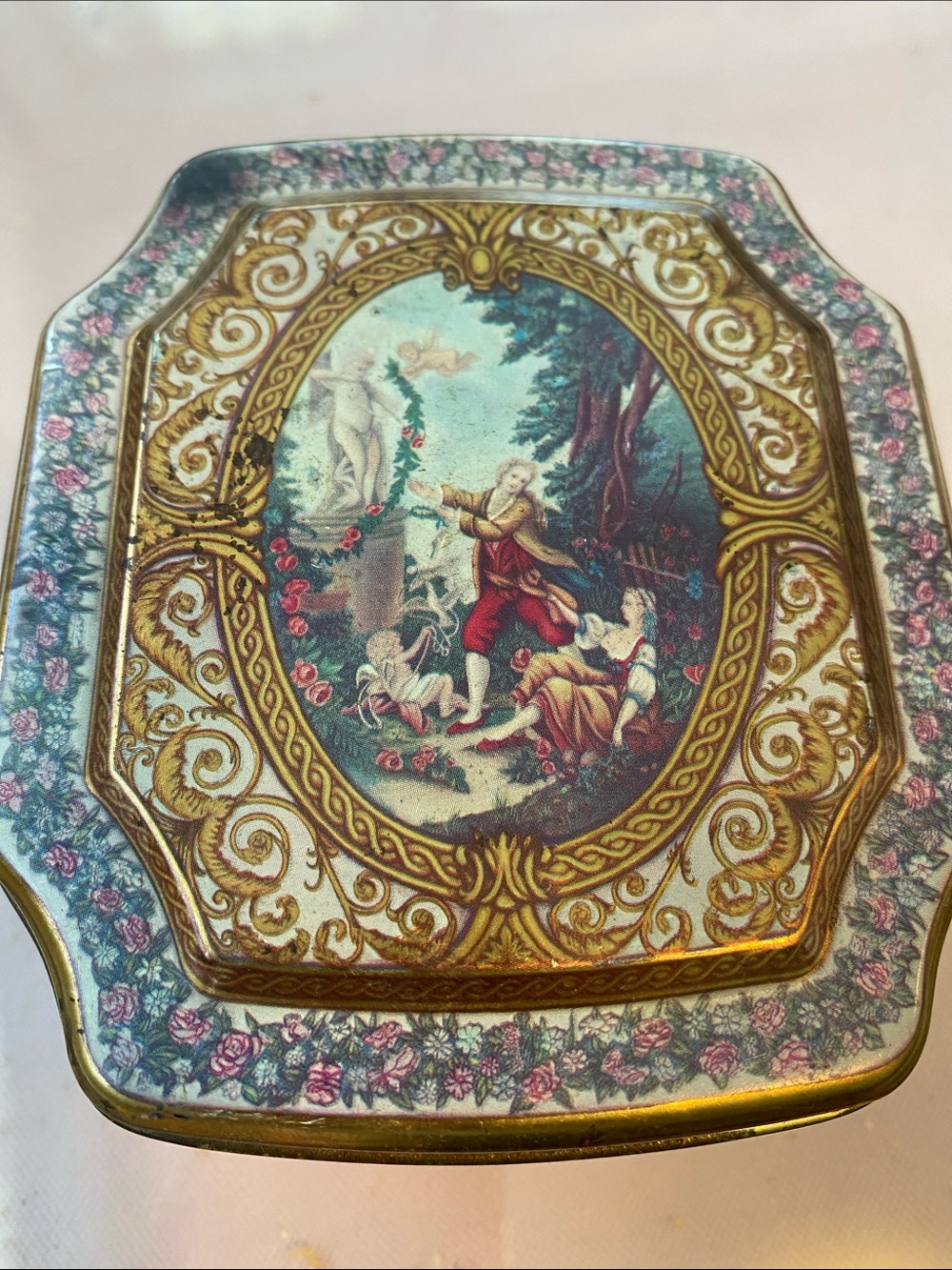 Ornate Gold Decorative Trinket Tin with Classical Scene